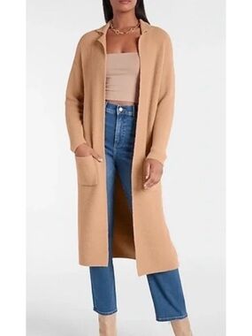Express Cozy Knit Notched Collar Duster Long Relaxed Cardigan Sweater Tan Small